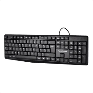 Teclado alambrico Techzone basico negro abs 105 teclas QWERTY cable de 135cm indicadores numerico, mayuscula y bloqueo de desplazamiento
