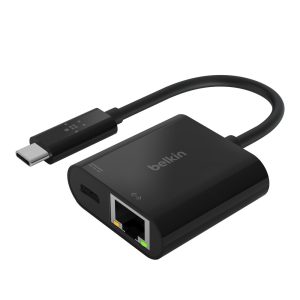 Belkin Adaptador de USB C a Ethernet mas cargador (60 W de corriente de paso para dispositivos conectados, 1000 Mbps de velocidad Ethernet)